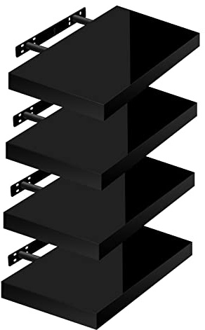 WOLTU Wandregal,Schweberegal Hochglänzend Schwarz,40x22,9x3,8cm 4er MDF | Wandboard 4er mit Metallhalterung, für Küche Badezimmer Wohnzimmer Schlafzimmer, aus MDF, Regale mit der höchsten Träger 10kg