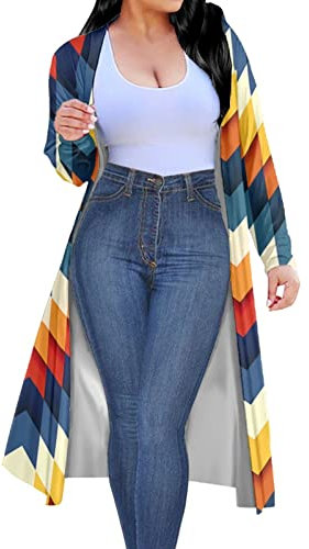 Kuiaobaty Cardigan casual a maniche lunghe da donna, rose, teschi, a pois, stampa leopardata in maglia morbida caduta cappotto da spolverino, Motivo etnico., L/tall