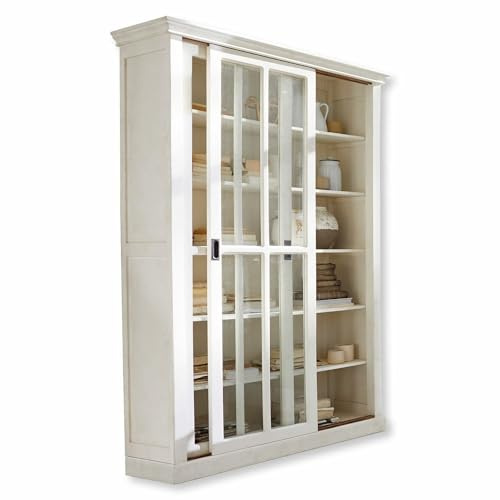 Loberon Schrank Brouns, Schiebetüren mit Eleganten Sprossenfenstern, Zierkranzleiste, Zeitloses Design, Wohnzimmerschrank, Mangoholz, Glas, antikweiß