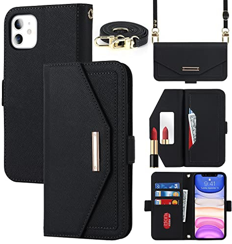 CAVOR Handykette Handyhülle kompatibel mit iPhone 11 Hülle Mit Band,Flip Leder Geldbörse Handyhülle,[Spiegel][5 Kartenfach][Magnetisch],Klapphülle Handytasche zum umhängen - Schwarz