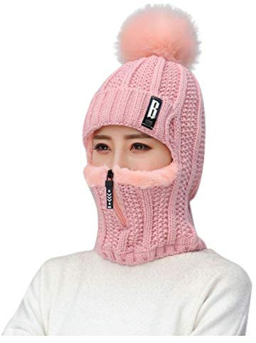 Unbekannt Wintermütze Mit Kunstfell Bommel Warme Skimütze Für Winter Gefütterte Damen Strickmütze Mit Fell-Bommel Damen Mütze Winter Warme Strickmütze Mit Bommel