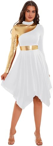 inlzdz Tanzkleid Damen Eiskunstlauf-Kleid Langarm Asymmetrischer Saum Kleider Lyrisches Tanzkleid Ballettkleid Turnanzug Tanzkostüm für Ballsaal Wettkampf Weiß M