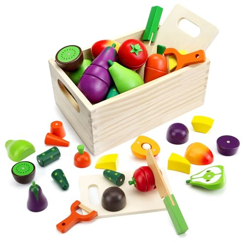 GOPLACS Wooden Play Food Sets for Kids Kitchen - Cutting Fruits and Veggies Toddler Toys Pretend Food Play Kitchen Accessories Montessori Educational Toys Gifts for Kids Boys Girls 3+