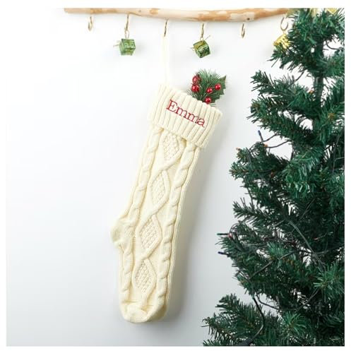 gorm Weihnachtsstrumpf mit Stickerei, personalisierter Name, Familien-Weihnachtsstrumpf, gestrickter Weihnachtsstrumpf, Urlaubsstrumpf (weiß, 46 cm)