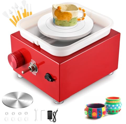 Mini Töpferscheibe, Couleeur 2000RPM Elektrische Töpferscheibe Maschine,Töpferscheibe Keramik mit abnehmbarem ABS-Becken und 6,5/10 cm Drehteller-Drehmaschine, Tonwerkzeug, DIY-Keramikwerkzeug(Rot)