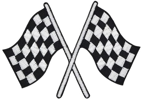 Zielflagge Schwarz Weiß Kariert Flagge Aufnäher zum aufbügeln oder aufnähen Bügelbild Aufbügler für Kleidung gestickter Bügelpatch Applikation Rennsport Patch Größe 9,5 x 6,8 cm
