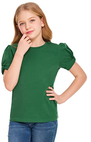 Arshiner Mädchen T-Shirts Puffarm Sommer Freizeit Kinder Shirts Oberteile Mode Rundhals Baumwolle Basic Kurzarm Tshirt für Mädchen 10-11 Jahre Grün