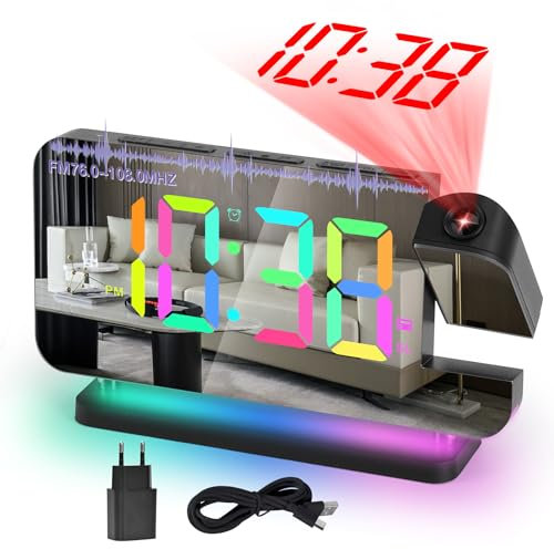 SZELAM Wecker Digital,Radiowecker mit Projektion,7.4 LED Radiowecker mit Schlaf-Timer,um 180°Drehbarem Projektor,10-Farben-Nachtlicht,11 RGB-Farben-Digitalanzeige,Tischuhr Digital für Kinder,Mädchen