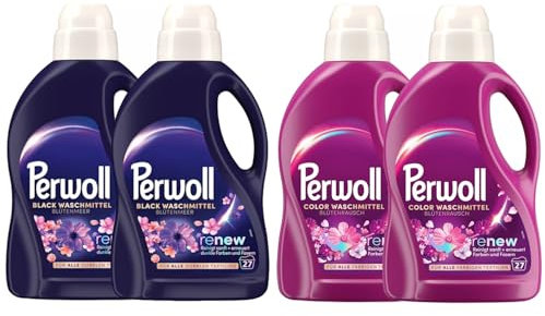 PERWOLL Flüssig-Set 4x 27 Waschladungen (108WL) 2x Black Blütenmeer & 2x Color Blütenrausch, Feinwaschmittel reinigt sanft und erneuert Farben und Fasern, mit Dreifach-Renew-Technologie