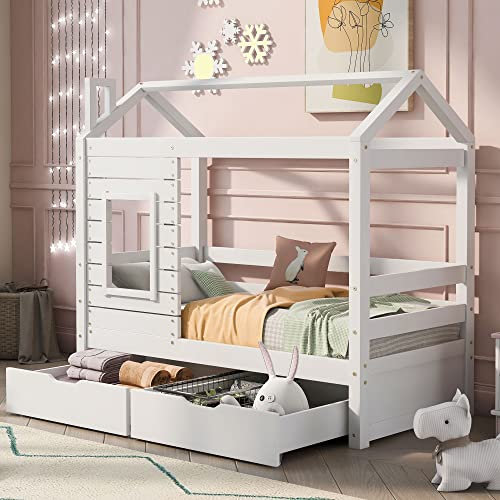 Zravenna Hausbett Kinder 80x160 cm Weiß, Kinderbett mit Rausfallschutz, Jungen Mädchen Bett mit Schubladen, Bettgestell mit Lattenrost, Holzbett, Jugendbett (Hausbett 2)