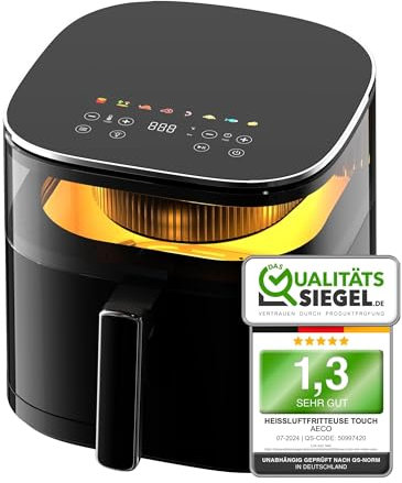 aeco TOUCH AirFryer 5,7 Liter, Heißluftfritteuse mit 270° beleuchtetem Sichfenster & digitalem Touch-Display, 1700 Watt, 80°-200° einstellbar, 8 Programme, inkl. Rezeptheft