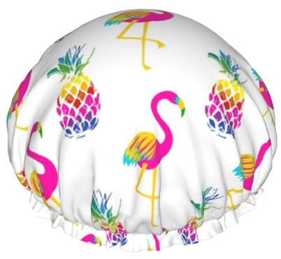 Wiederverwendbare Duschhaube für Damen, bunte Flamingo-Kiefern-Badehaube, doppellagig, wasserdicht, Dusch-Haarschutz, verstellbares Gummiband, Duschhut für Home-Spa-Salon, Badehauben