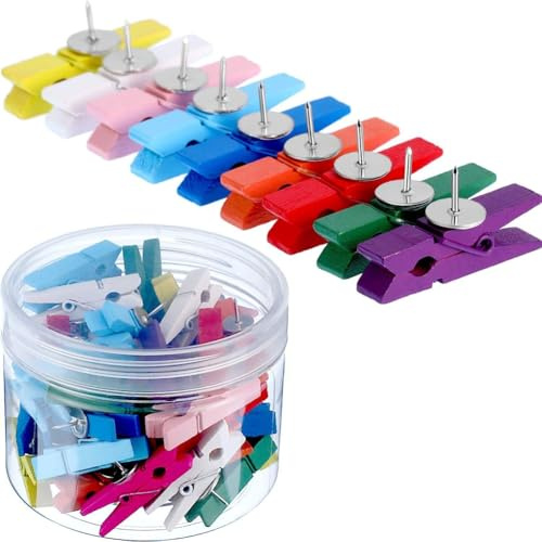 Rockreyoa Push Pin clips träklämmor med stift trästift häftstift häftstift små träklämmor häftstift set nagel- och klämfoton för kork anslagstavla anteckningar hängande kontor färgglada 20 stycken