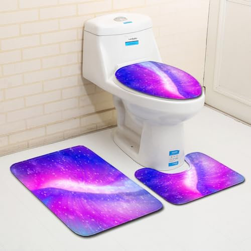 Bad Teppiche Set 3-Teiliges Lila Print WC Vorleger Mit Ausschnitt Badematte Saugfähig WC Deckelbezug Badvorleger rutschfest Waschbar Toilettensitzbezug Badgarnitur (50x80cm)