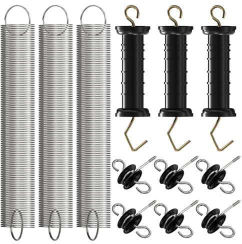 12PCS Electric Fence Gate Kit, 3 Sets Electric Fence Spring Gate Handles Kit, Plastic Electric Fence Gate Handle with Insulators with Spring 16-Feet Tension Spring and Two Way Hook Fence Insulator