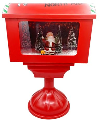 Cassetta Postale Natalizia Rossa con Babbo Natale, Luci a LED, Musica e Neve Artificiale, Alimentata a Batterie o USB (Cassetta con Piede)