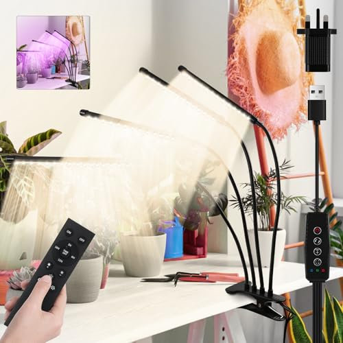 FIBRAVE LED Grow Lights, 4 Heads 120 LED Lamps Full Spectrum Plant Light with Clamp for Indoor Plants & Seed Starting, 10-Level Dimmable, Auto On Off, Timing 4 6 12Hrs