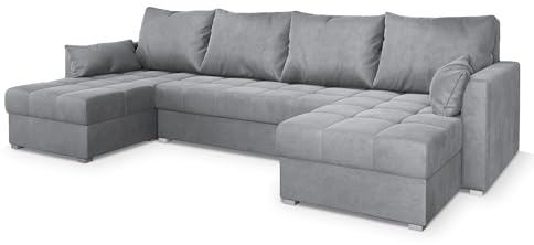 Masseno Ecksofa NAKO M mit Schlaffunktion U-Form, Sofa mit Bettkasten, Wohnzimmersofa, Couch, Soffa, Bettsofa, Couchgarnitur- Hellgrau, Monolith 84