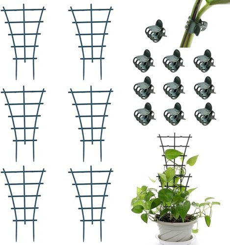 BSITSSS 6PCS Plant Trellis + 10PCS Plant Clips, Superimposed Trellis for Climbing Plants, Plant Supports for Indoor Plants, Obelisks for Climbing Plants for Patio, Yard, or Home (Green)
