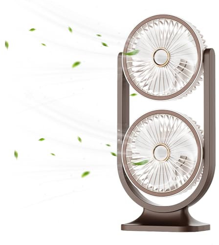 Sinmaklin Desk Fan, Portable USB Rechargeable Fans with 5 Speeds Options and Adjustable Night Light, Dual Fan 360° flip, Cooling and Quiet Desktop Fans for Office/Home/Bedroom/Camp - Beige