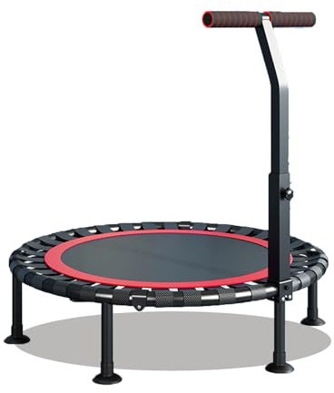 Fitness Trampoline Klappbar,105 cm Sprungfläche,Leise Gummiseilfederung, mehrfach höhenverstellbarer Haltegriff, leistungsstark bis 300 kg Benutzergewicht (Rot,T-bar)