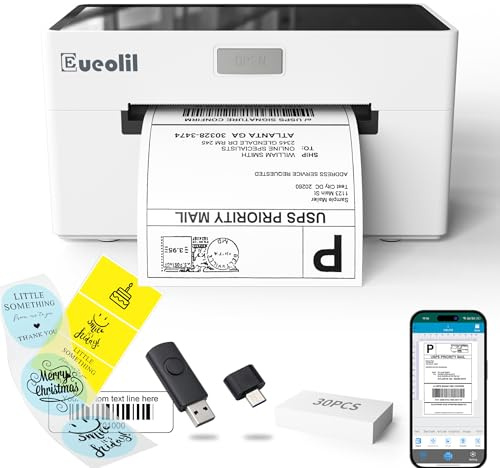 EueoLil 4x6 Thermal Label Printer, All-in-One Portable Bluetooth Shipping Label Printer for Small Business Compatible with Android/iPhone/Mac/Windows for Amazon, Ebay, Shopify, Etsy, USPS & UPS,White