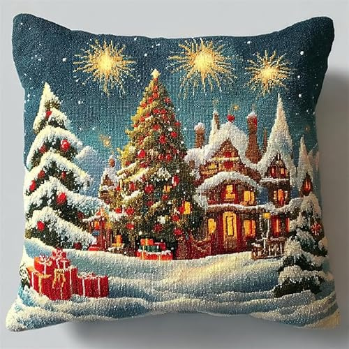 WallustrioaW Weihnachten Kissen Knüpfen Kit,Haus Schneeszene,Knüpfkissen Set Für Anfänger Erwachsene Oder Kinder Zum Selber Knüpfen,DIY Knüpfteppich Knüpfpackung,43x43cm