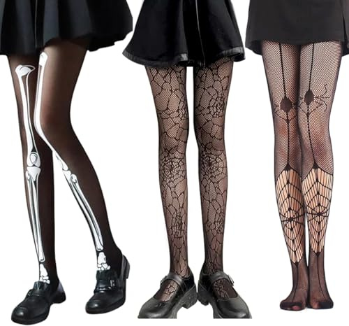 OIXYEY Skelett Strumpfhose Damen - Gruselige Halloween-Strumpfhose mit Knochen-Muster, Perfektes Mottoparty-Kostüm für Erwachsene, 3 Paar Set für Karneval & Horror-Events​