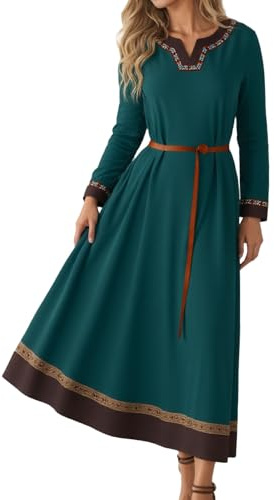 Générique Langes Kleid mit langen Ärmeln für Damen, Ethno-Inspiration, Vintage, fein bestickt und mit Spitze verziert, Rock, Wikinger-Stil, mittelalterlicher Rock, Renaissance, grün, XXL