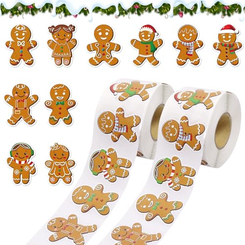 1000 Stück Aufkleber Weihnachten, Weihnachtssticker, Weihnachtsaufkleber Selbstklebend, Sticker Weihnachten, Geschenkaufkleber Etiketten für Weihnachtendeko (Lebkuchenmann)