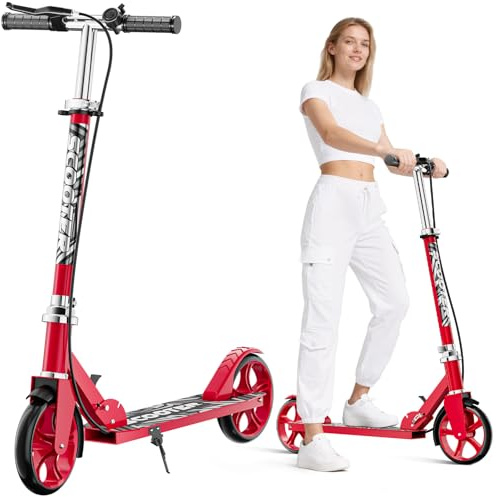 Scooters for Kids 8-12, Teens & Adults - Lightweight, Foldable, 8-Inch Big Wheels, Hand Brake & Bell, 4 Adjustable Height Levels, 240 lbs Max Load, Perfect for School, Campus and Park Rides, Red