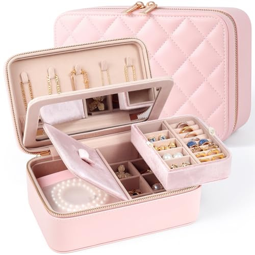 REVEMCN Double-Layer Travel Jewellery Box with Mirror, Jewellery Organiser Case for Women and Girls, Spacious Jewellery Storage with 6 Anti-Tarnish Pouches, Gift for Her (Blush Pink)