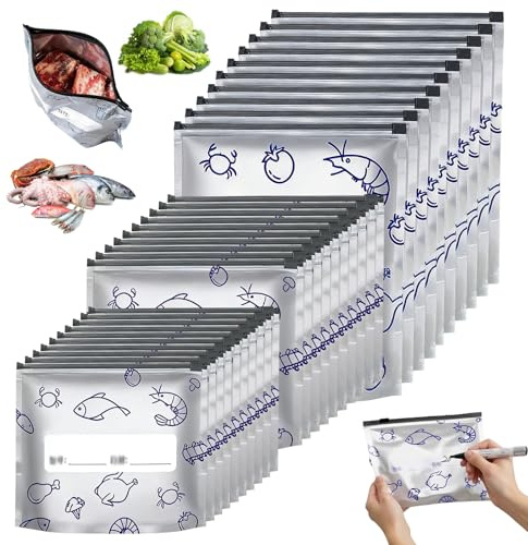 30 bolsas de congelación con cremallera, bolsas de almacenamiento de aluminio cerradas, bolsas de congelación reutilizables, bolsas de almacenamiento de alimentos, adecuadas para el almacenamiento de
