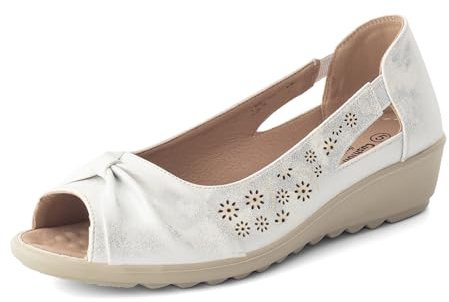 Cushion Walk Women's Extra Wide EEE Fit Dressy Sandals, Slip-On Peep Toe Low Wedge with Laser Cut Floral Pattern & Bow, Cushioned Insole Lightweight Summer Shoes (Size 8 UK, White Shimmer)
