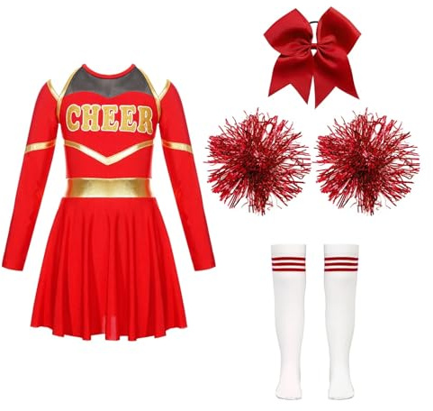 CNYUON Cheerleading, kostymer, uniform, långärmad, dansklänning med hand blommor huvudbonader randiga strumpor för scenframträdande för Cheerleading, klänning (B röd, 14)