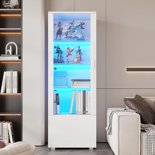 NuvlaGu Vitrine LED blanche brillante 160 cm avec porte en verre acrylique et étagères en verre - Vitrine de collection avec éclairage - Armoire pour figurines, parfums et livres (blanc)