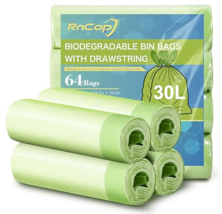 RnCop 30L Biodegradable Bin Bags with Drawstring Tie Handle, 64 counts Bin Liners Food Waste Bags Strong Trash Bags(50 x 75cm)