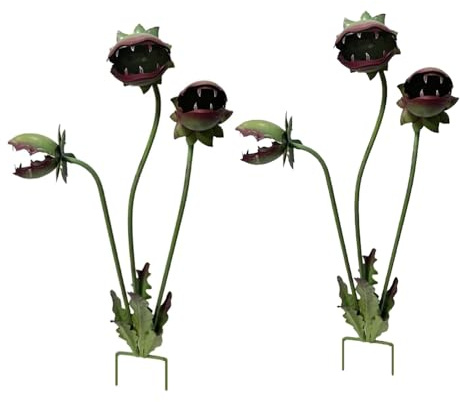 2 Packs Whimsical Metal Carnivorous Plant Garden Stake, 25-Inch (63.5cm) Large Venus Flytrap Sculpture, Unique Quirky Yard Art for Outdoor Flowerbeds, Patios, Planters & Garden Decor
