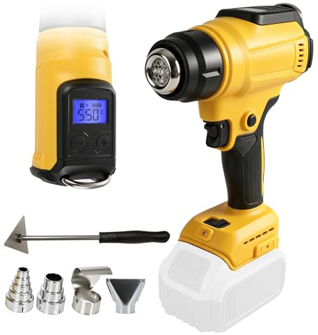 Cordless Heat Gun Compatible with Dewalt 18/20V with 4 Nozzles 1 Scraper, 300W 550°C Heat Gun with LED Screen for Crafts, Heat Shrink Tubing, Resin and Decorating (Yellow for Dewalt)