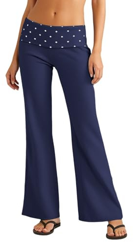 Pantalones de pierna ancha para mujer con tela elástica para viajes, trabajo, playa, descanso, vacaciones y uso casual, atuendos diarios, estilo, detalle de doble cintura plegable, azul marino, S
