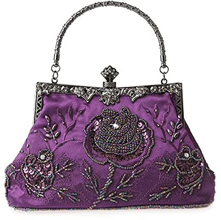 DA BODAN Vintage Floral Perlas Rhinestone Bordado Clutch Lentejuelas Boda Fiesta de Prom Bolsa Novia Señoras Crossbody Novia Bolso, morado, 22cm*21cm