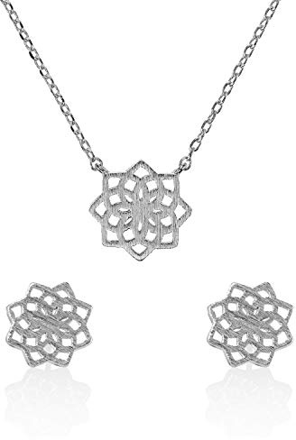 Namana Mandala halsband och örhängen uppsättning. Borstad finish smycken set för kvinnor. Mandala blomma hänge halsband och stiftörhängen. Smyckesset för kvinnor med presentask e Rodiumpläterad basmetall, colore: SILVER, cod. 20151