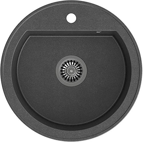 VBChome Spüle Schwarz 51 cm Round Spülbecken Einzelbecken Einbauspüle gesprenkelt reversibel + Siphon Waschbecken