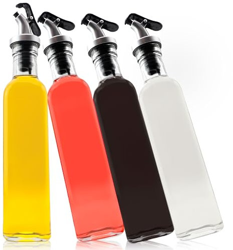Cucino Essig und Ölflaschen mit Ausgießer - Set mit Trichter und Etiketten im 4er Pack - Ölflasche zum Befüllen mit Olivenöl, perfektes Dosieren 4x250ml