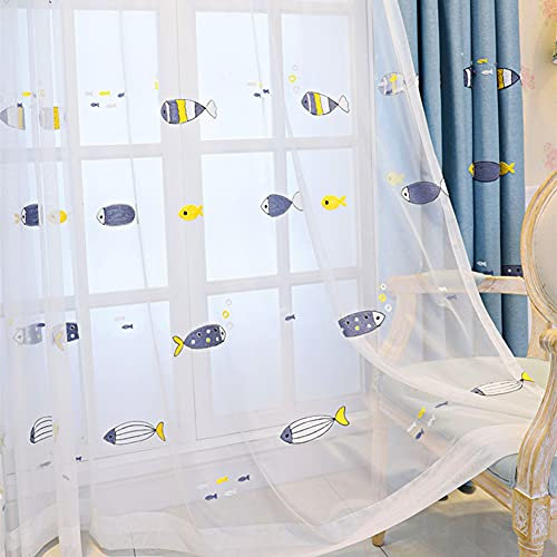 Lsimeru Fischemuster Vorhänge Transparent Weiß Ösen 2er Set Tülle Gardinen Kinderzimmer Jungen Durchsichtig Tiere Stickerei Babyzimmer Schlafzimmer,225x140
