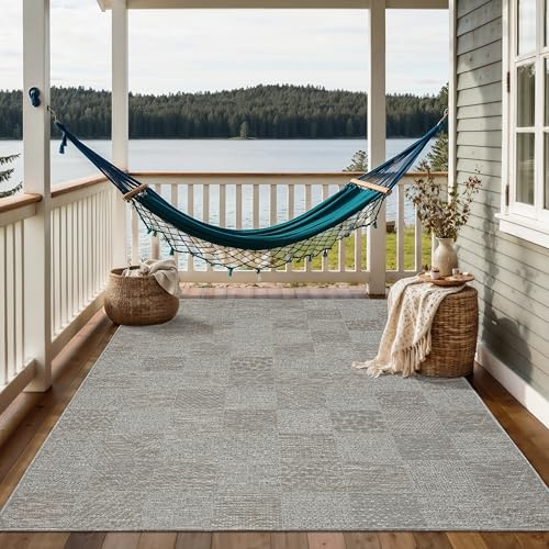 the carpet Calgary - Outdoor Teppich Wetterfest für Balkon & Terrasse, Robuster Flachgewebe Teppich für Garten, Pflegeleicht In- & Outdoor, Boho Vintage Design, Grau-Beige, 140 x 200 cm
