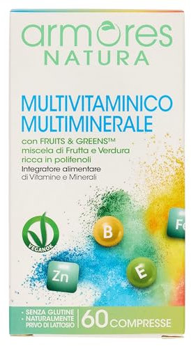 Armores Natura Integratori Alimentari, Multivitaminico Multiminerale, Integratore per Favorire l'Apporto di Vitamine e Sali Minerali all'Organismo, con Fruits & Greens, Vegano, 60 Compresse