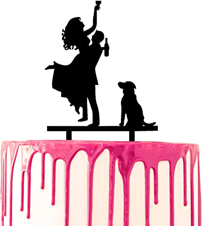CARISPIBET cake topper groom picks up bride holding drink with dog by their side acrylic silhouette