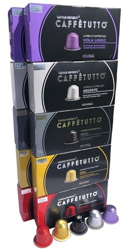 Caffètutto VARIETY PACK 1-100 Italian Nespresso Compatible Coffee Pods - Mixed Selection - 20 Rosso 20 Oro 20 Nero 20 Argento & 20 Viola Lungo (100 Caffetutto Aluminium Nespresso Coffee Capsules)