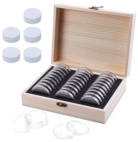 Kyrio 30 Pack Wooden Coin Holder Case With Round Plastic Capsules, Organizer Protection Box for Collectors Fit for Sizes 17-45mm